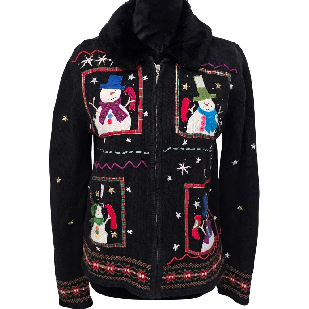 Studio Joy Snowman Christmas‎ Sweater Cardigan Faux Fur Collar Embellished Small